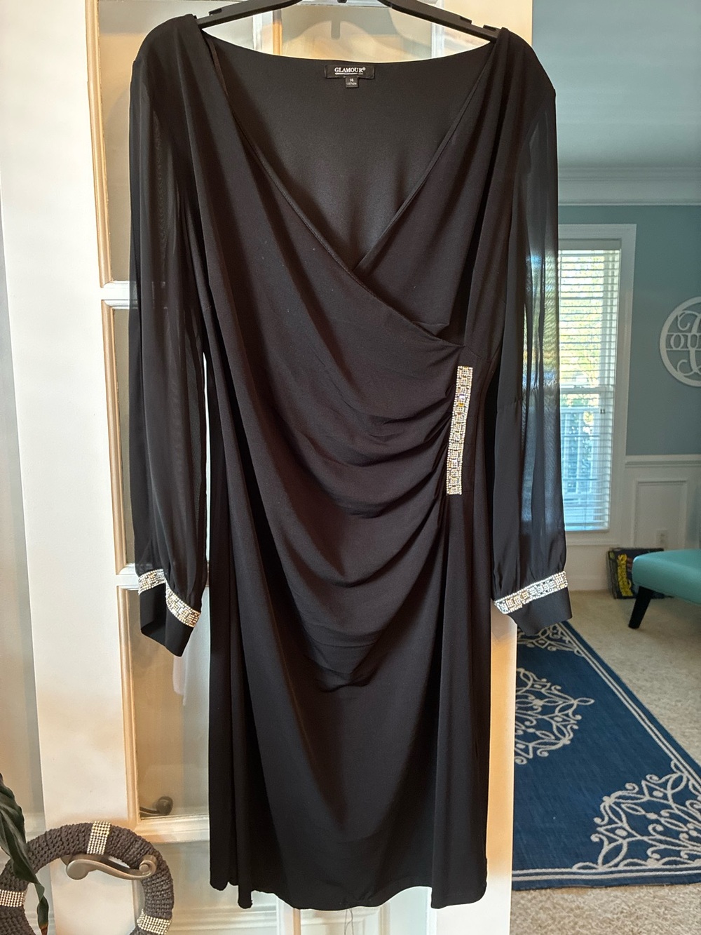 Glamour Black Draped Long-Sleeve Evening Dress with Rhinestone Accents
